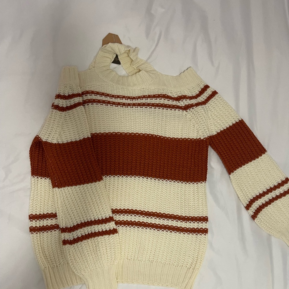 Off the Shoulder Cream&Dark Orange Stripe Sweater